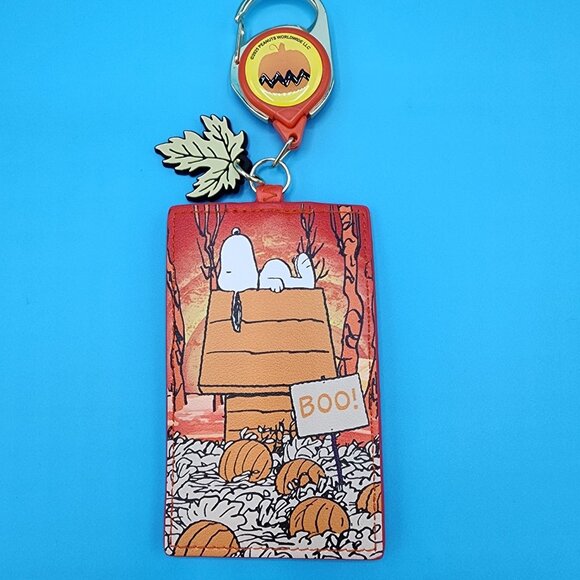 Loungefly Peanuts Snoopy Fall Leaf Pumpkin Dog House Halloween Lanyard ID Holder - Picture 1 of 13